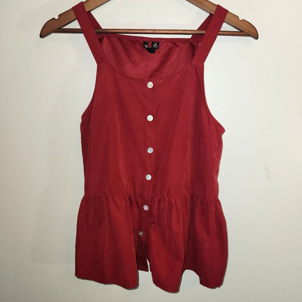 Red Velvet Empire Waist Peplum Top Button Blouse 90s Style Romantic Vampy Size M